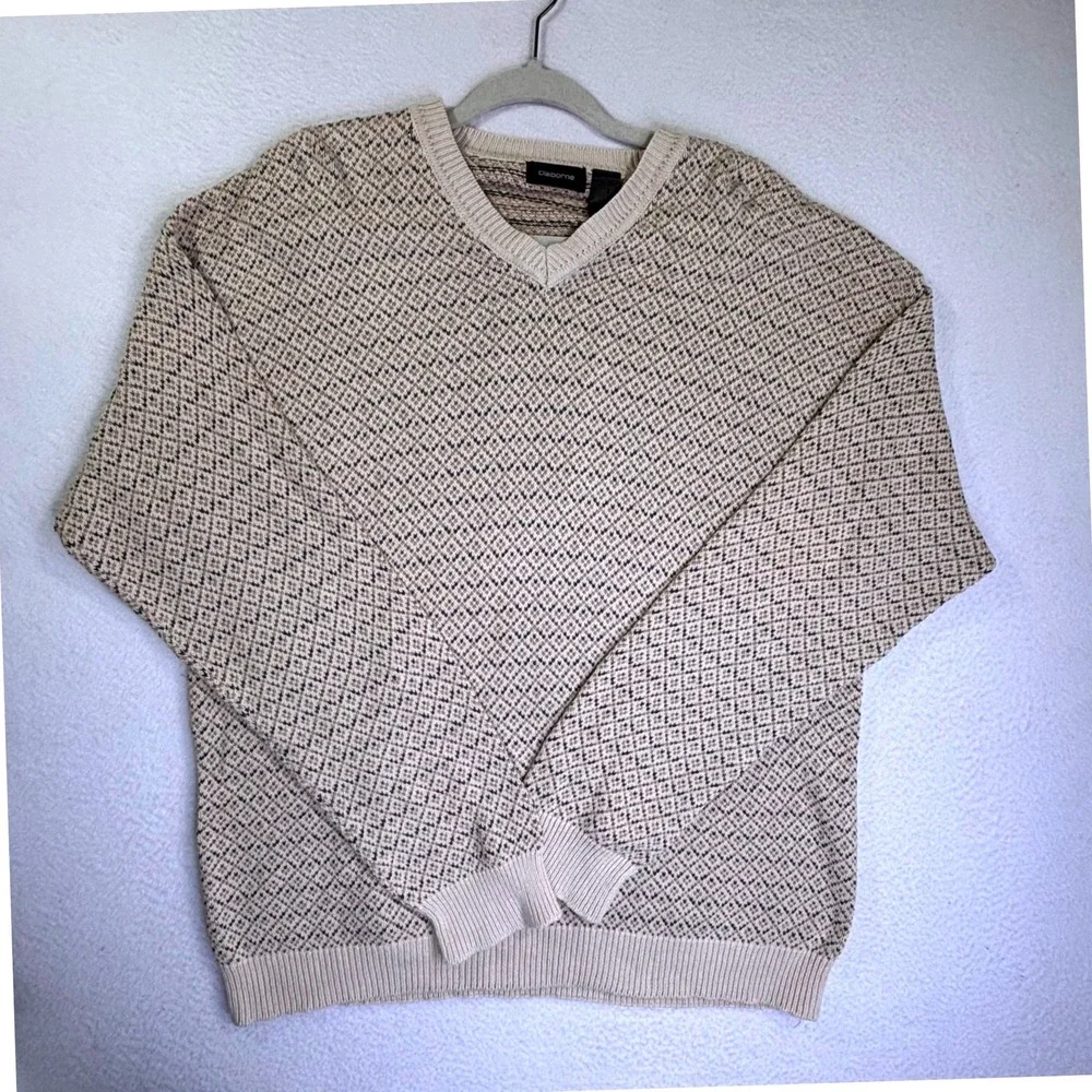 Claiborne Mens V-Neck Cotton Sweater Large Beige Tan Geometric Knit Pullover